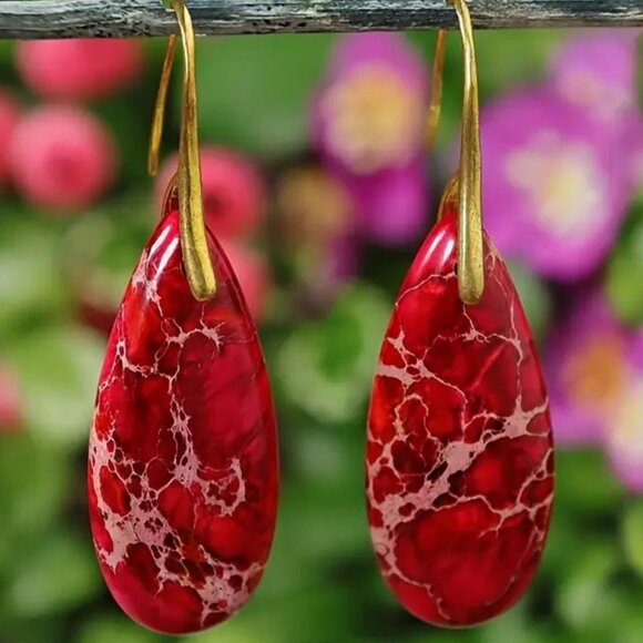 NATURAL BOHEMIAN RED STONE LONG GOLDEN #3 TEARDROP EARRINGS 15 - Picture 2 of 2